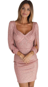 Damen Mini-Kleid mit Fransierten Ärmeln – Roségold