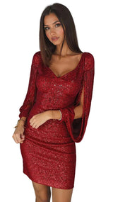 Damen Mini-Kleid mit Fransierten Ärmeln – Rot