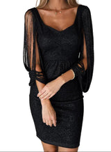 Damen Mini-Kleid mit Fransierten Ärmeln – Schwarz