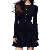Damen Mini Kleid mit langen Ärmeln, Knopfleiste und Rüschensaum – Schwarz