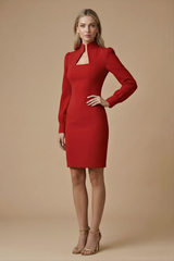 Damen Mini Kleid mit langen Ärmeln, Stehkragen und Ausschnittdetail – Rot