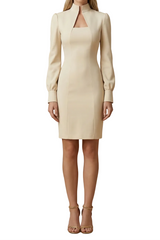 Damen Mini Kleid mit langen Ärmeln, Stehkragen und Ausschnittdetail – Beige