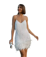 Damen Minikleid mit Fransen und Paillettenbesatz – Weiß