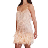 Damen Minikleid mit Fransen und Paillettenbesatz – Beige
