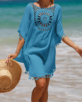 Damen Minikleid mit Häkeleinsatz und Quastenfransen an Saum und Halbärmeln – Blau