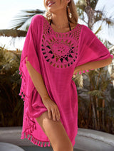 Damen Minikleid mit Häkeleinsatz und Quastenfransen an Saum und Halbärmeln – Rosa