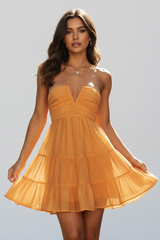 Damen Minikleid mit Halterträgern und Mehrstufigem Rockaufbau – Orange