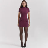 Damen Minikleid mit kurzen Ärmeln, hohem Kragen und Frontnähten – Dunkelrot