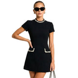 Damen-Minikleid mit kurzen Ärmeln und Perlenbesatz – Schwarz