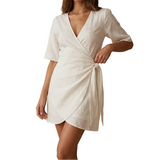 Damen Minikleid mit kurzen Ärmeln, Wickeloptik, V-Ausschnitt und seitlicher Bindung – Beige