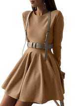 Damen Minikleid mit langen Ärmeln, Rundhalsausschnitt und ausgestelltem Rock – Braun