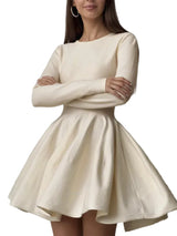 Damen Minikleid mit langen Ärmeln, Rundhalsausschnitt und ausgestelltem Rock – Beige