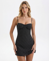 Damen Minikleid mit Punktmuster und schmalen Trägern – Schwarz