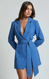 Damen Minikleid mit Reverskragen Langen Ärmeln Knopfverschluss und Bindegürtel – Blau
