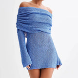 Damen Minikleid mit Schulterfreiem Ausschnitt Langen Trompetenärmeln und Strukturierter Oberfläche – Blau