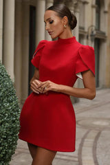 Damen Minikleid mit Stehkragen kurzen Puffärmeln und sichtbarer Teilungsnaht – Rot