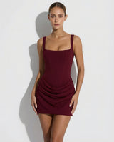 Damen Minikleid mit strukturiertem Korsettoberteil und Trägern – Burgund