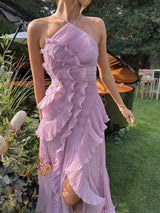 Damen Nackenträger-Midikleid mit Plissee und Vertikalem Rüschenbesatz – Lila