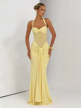 Damen Neckholder Maxikleid mit halbtransparentem Einsatz und Knotenpartie – Gelb