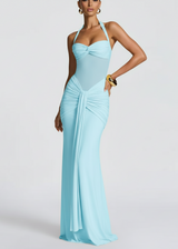 Damen Neckholder Maxikleid mit halbtransparentem Einsatz und Knotenpartie – Hellblau