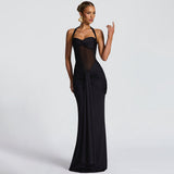 Damen Neckholder Maxikleid mit halbtransparentem Einsatz und Knotenpartie – Schwarz