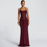 Damen Neckholder Maxikleid mit halbtransparentem Einsatz und Knotenpartie – Weinrot