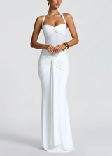 Damen Neckholder Maxikleid mit halbtransparentem Einsatz und Knotenpartie – Weiß