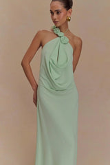 Damen Neckholder Maxikleid mit Rosenapplikationen und offenem Rücken – Grün
