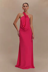 Damen Neckholder Maxikleid mit Rosenapplikationen und offenem Rücken – Rosa