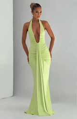 Damen Neckholder Maxikleid mit tiefem V-Ausschnitt und durchgehender Raffung – Grün