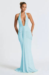 Damen Neckholder Maxikleid mit tiefem V-Ausschnitt und durchgehender Raffung – Hellblau