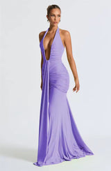 Damen Neckholder Maxikleid mit tiefem V-Ausschnitt und durchgehender Raffung – Lavendel