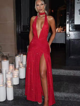 Damen Neckholder Maxikleid mit tiefem V-Ausschnitt und Glitzeroberfläche mit offenem Rücken und seitlichem Schlitz – Rot