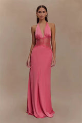 Damen Neckholder Maxikleid mit tiefem V-Ausschnitt und Spitzeneinsatz – Rosa