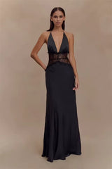 Damen Neckholder Maxikleid mit tiefem V-Ausschnitt und Spitzeneinsatz – Schwarz