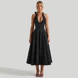 Damen Neckholderkleid mit Korsett Oberteil und Strukturmuster und Schleife am Nacken – Schwarz