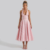 Damen Neckholderkleid mit Korsett Oberteil und Strukturmuster und Schleife am Nacken – Rosa