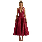 Damen Neckholderkleid mit Korsett Oberteil und Strukturmuster und Schleife am Nacken – Rot