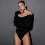 Damen Off-Shoulder-Bodysuit mit Langen Ärmeln Raffung und Überkreuzter Drapierung – Schwarz