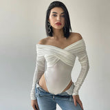 Damen Off-Shoulder-Bodysuit mit Langen Ärmeln Raffung und Überkreuzter Drapierung – Weiß