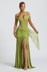 Damen Off-Shoulder Maxikleid mit Schalpartie und halbtransparentem Oberteil – Olivgrün