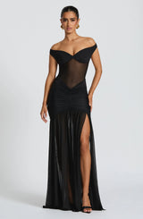 Damen Off-Shoulder Maxikleid mit Schalpartie und halbtransparentem Oberteil – Schwarz