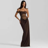 Damen Off-Shoulder Maxikleid mit strukturiertem halbtransparentem Oberteil und gerafftem Rockteil – Braun