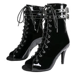 Damen Offene Ankle-Boots mit Schnürung, Riemen und Absatz – Schwarz