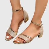 Damen Offene Wedge-Sandalen mit Knöchelriemen und Metallischen Details – Gold