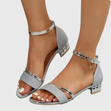 Damen Offene Wedge-Sandalen mit Knöchelriemen und Metallischen Details – Silber