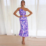Damen One-Shoulder-Midikleid mit Blumenmuster und Drapierung am Schulterbereich mit glänzender Oberfläche – Lila