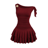 Damen One-Shoulder Minikleid mit Rüschen – Weinrot