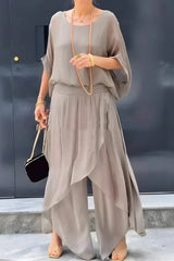 Damen Set mit weitem Oberteil und asymmetrischer Hose – Aprikose