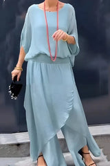 Damen Set mit weitem Oberteil und asymmetrischer Hose – Blau